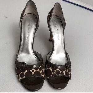 Marc Fisher Synna brown multicolor patterned open toe pumps 11